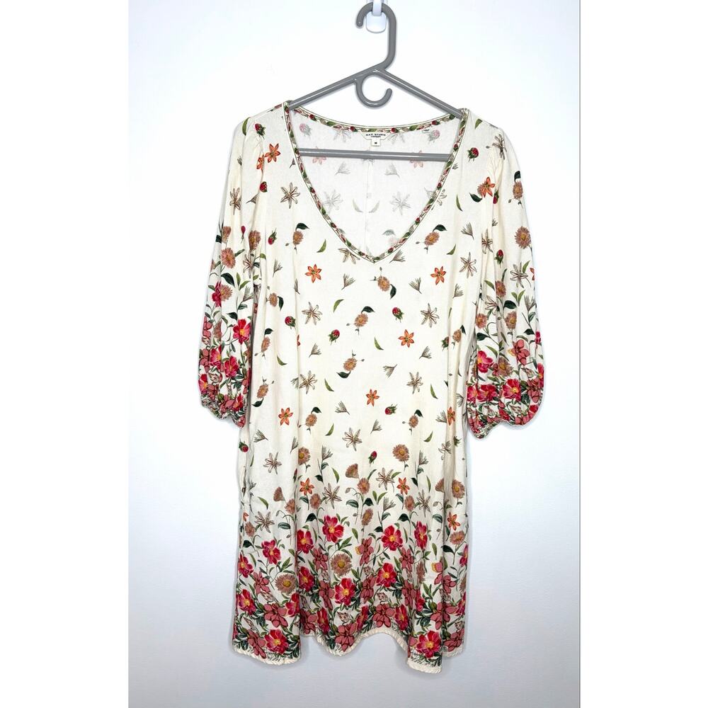 Max Studio Linen Blend Puff Sleeve Floral Dress Sz M Cottagecore Boho Prairie